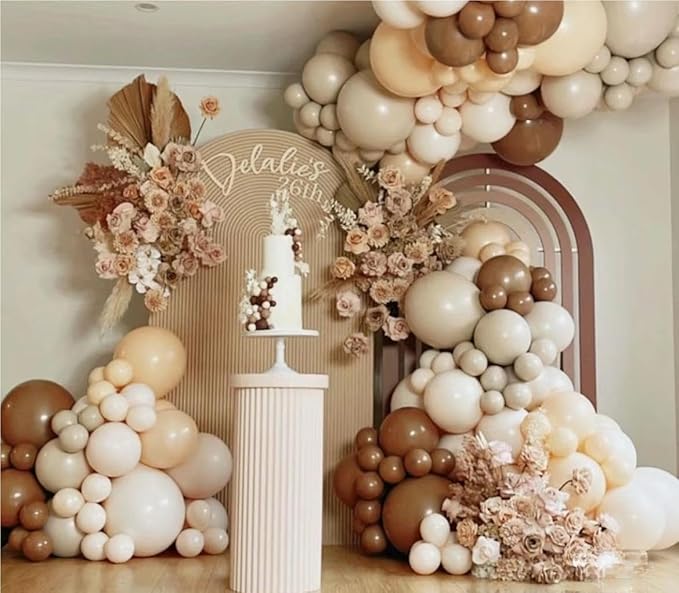MEBAY Boho Balloons Garland Arch Kit, 146 Pcs Brown Nude White Balloons Different Sizes for Girls Baby Shower Garden Tea Party Bachelorette Birthday Wedding Decorations