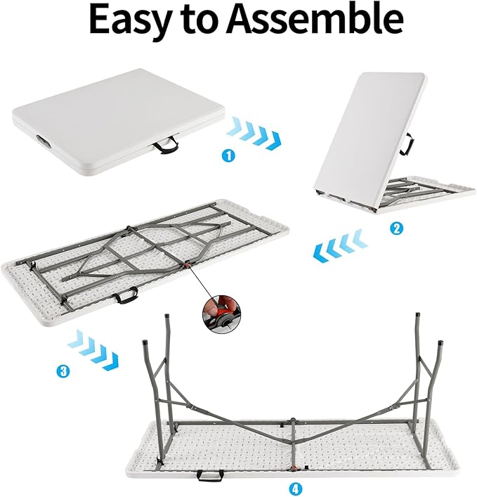 Folding Table 6ft, Portable Fold-in-Half Utility Table with Cloth for Party, Camping, Picnic, Banquet, Card, Wedding, Kitchen, BBQ - White