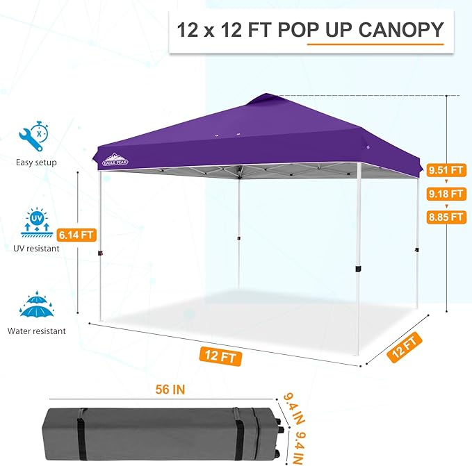 EAGLE PEAK Pop Up Canopy Tent with Wheeled Carry Bag, 8 Stakes, 4 Ropes, 4 Weight Bags, Easy Set Up Tent Canopy, 12x12 ft, 144sqft of Shade, Purple