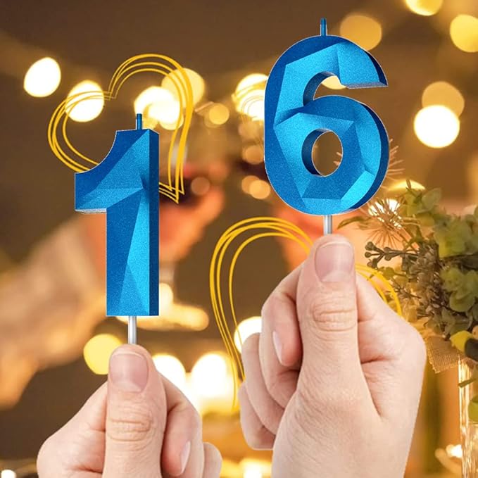 Number Birthday Candles(5 Candle Blue) 3D Diamond Shape Number Happy Birthday Cake Candles for Birthday Party Wedding Decoration Reunions Theme Party
