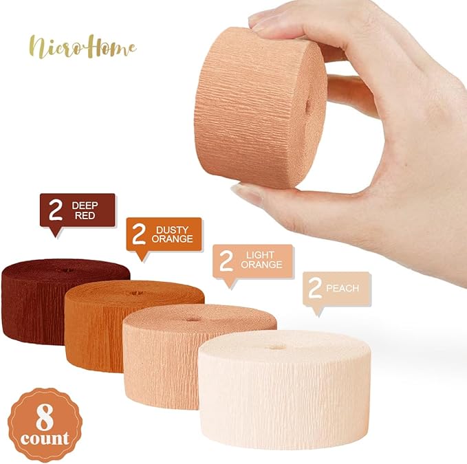 NICROHOME EUR Wedding Decorations, 8 Rolls Rust Orange Brown Crepe Paper Streamers for Rustic Fall Wedding, Bridal Shower, Retro Party, Spring, Summer Decor, Birthday, 82 Ft Long