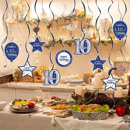 Happy 10th Birthday Blue & Silver Glitter Swirls Streamers Party Decorations - 15 Pcs 10th Birthday Hanging Swirls Streamers Kit,Cheers to Ten Years Old Bday Party Sign.