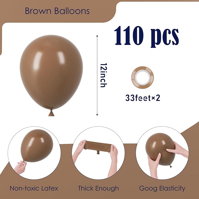 Voircoloria 110pcs Brown Balloons 12inch Brown Latex Party Balloons for Graduation, Bear Themed Party, Wedding, Birthday, Bridal Shower, Baby Shower, Anniversary Party Decorations