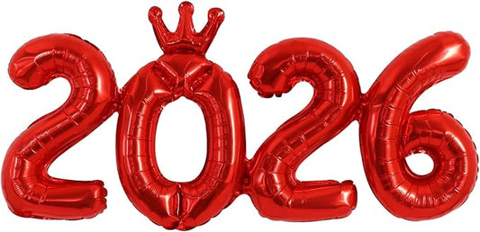 TONIFUL 2026 Red Crown Foil Number Balloons 16 Inch Red Number Banner 2026 Graduation Aluminum Foil Mylar Balloons for New Year Eve Christmas Anniversary Party Supplies