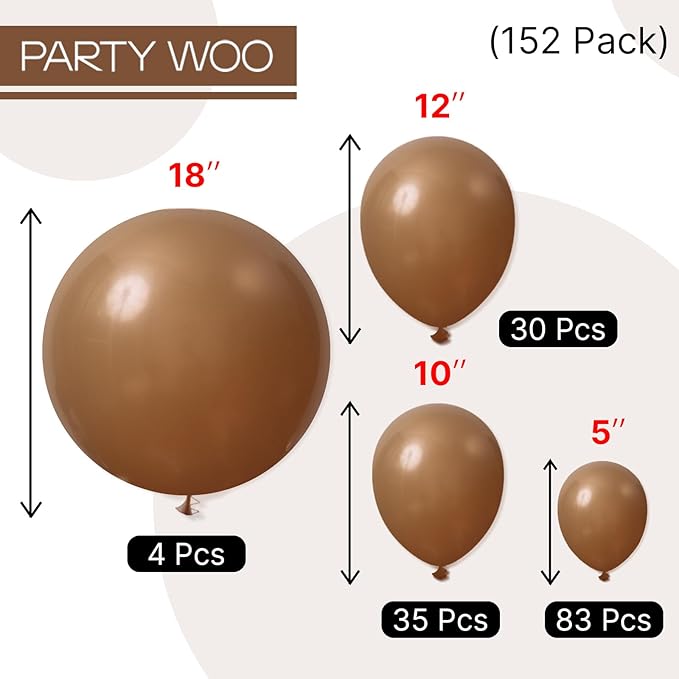 PartyWoo Brown Balloons 152pcs Different Sizes of 18 12 10 5 Inch Boho Neutral Fall Coffee Tan Balloons Arch Kit Garland for Birthday Boy Baby Shower Jungle Safari Fall Party Decorations Brown-F09
