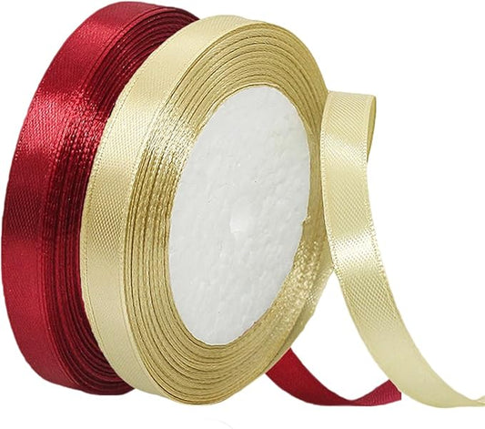 Gold Christmas Ribbon, Gold Burgundy Satin Ribbon 3/8 Inch 50 Yards Fabric Ribbons for Christmas Party Decorations, Gift Wrapping, Tree Ornaments, Bouquets, Door Wreaths, Bows Making and DIY Crafts