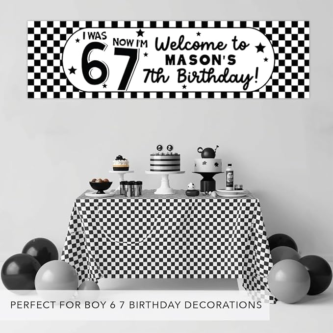 Andaz Press 13x48 Inch Custom 6 7 Birthday Banner Decorations, Personalized Birthday Banner with Custom Name, Black and White Checkered 67 Happy Birthday Party Banner for Boys, Home or Party Décor