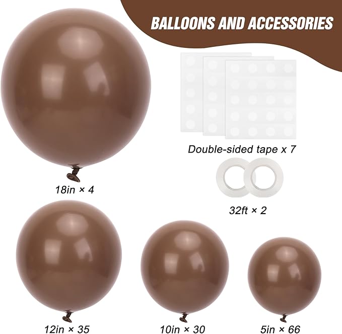 RUBFAC 135pcs Brown Balloons, Boho Coffee Latex Balloon Different Sizes 18 12 10 5 Inch for Garland Arch Wedding Baby Shower Jungle Safari Fall Birthday Bear Themed Party Decorations