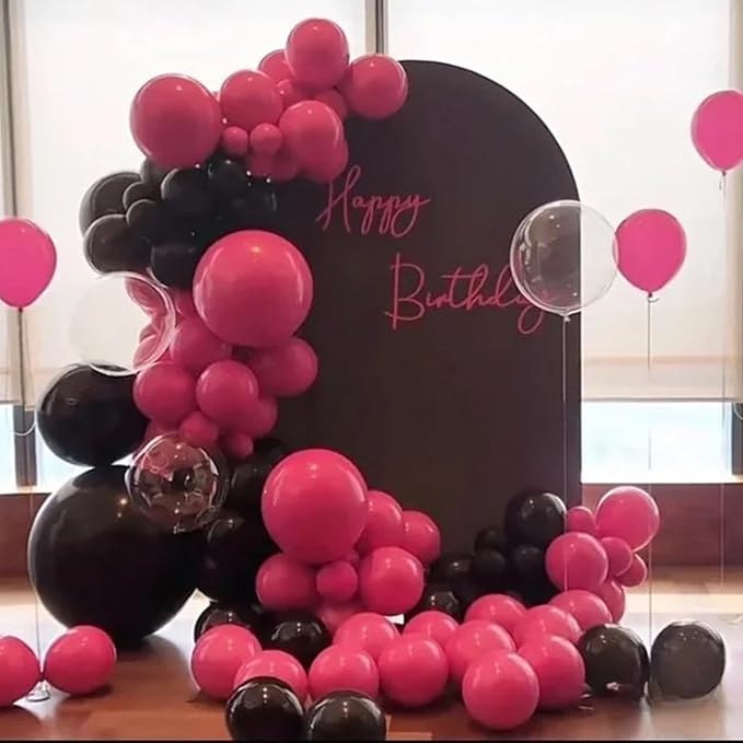 Paready Hot Pink and Black Balloons, 30 Pcs 12 Inch Black Hot Pink and Silver Latex Balloons with Ribbons for Girls Birthday Engagement Anniversary Wedding Bridal Shower Party Graduation Decoration