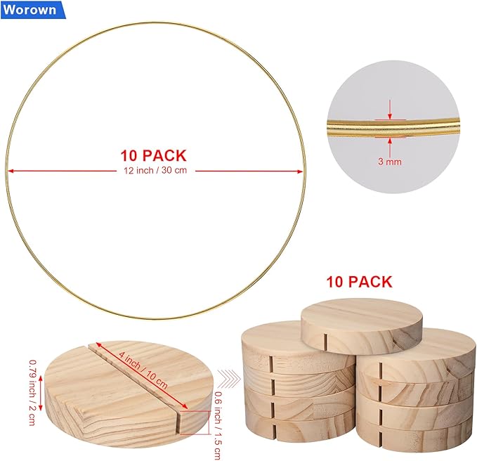 Worown 10 Pack 12 Inch Metal Floral Hoop Centerpieces, Gold Metal Floral Hoop, Including 10 Pcs Round Wooden Display Stand for Making Wedding Table Wreaths, Wall Hanging Crafts
