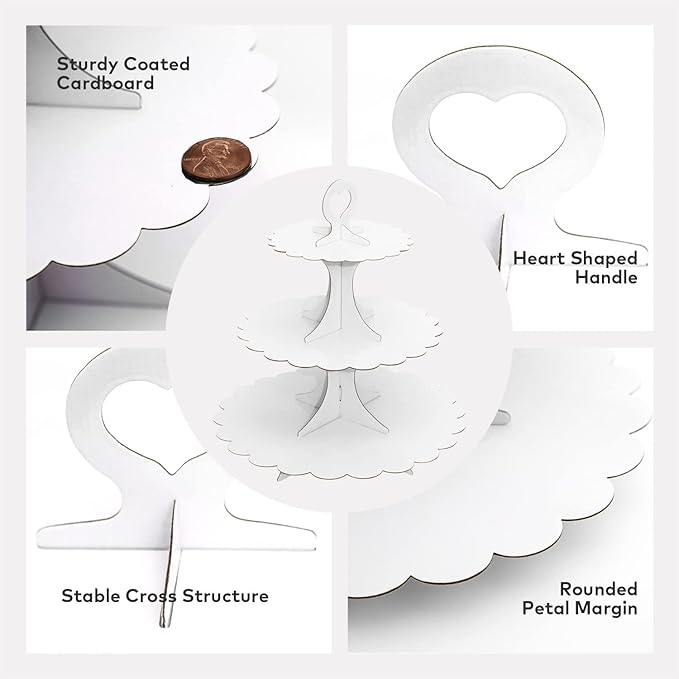 White Cupcake Stand Tower, 3-Tier Cardboard Dessert Display with Heart Handle,Perfect for Birthday Baby Shower Wedding Tea Party Graduation, Easy 60-Second Assembly, Holds 12+Cupcakes (1-Pack)