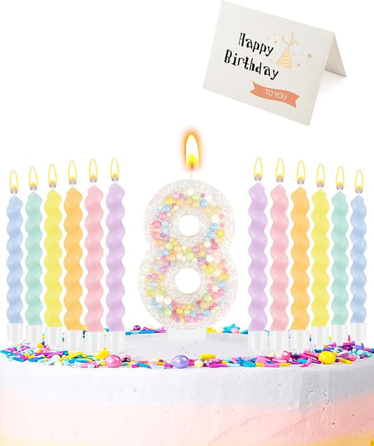 Birthday Candles for Cake, Pink Number Candles, Cake Candles with Greeting Card for Birthday Party Wedding Anniversary Celebrations（8 Candle,White Number Macaron）
