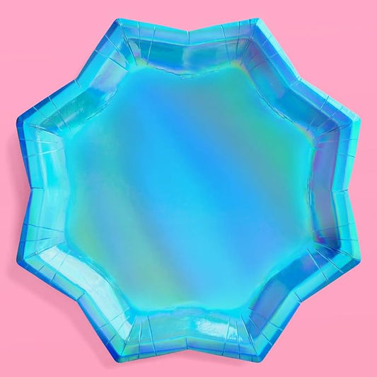 xo, Fetti Blue Holographic Foil Plates - 25 pack | Happy Birthday Party Decorations, Holiday Party, Cool Cake Plates, Blue Bachelorette Disposable Party Plates