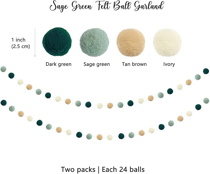 ANSOMO Sage Green Ribbon Felt Ball Garland Fabric Pom Pom Banner Tan Brown Ivory Gold Birthday Bridal Baby Shower Wall Hanging Party Decorations Wild Safari Jungle Botanical Greenery Decor Supplies