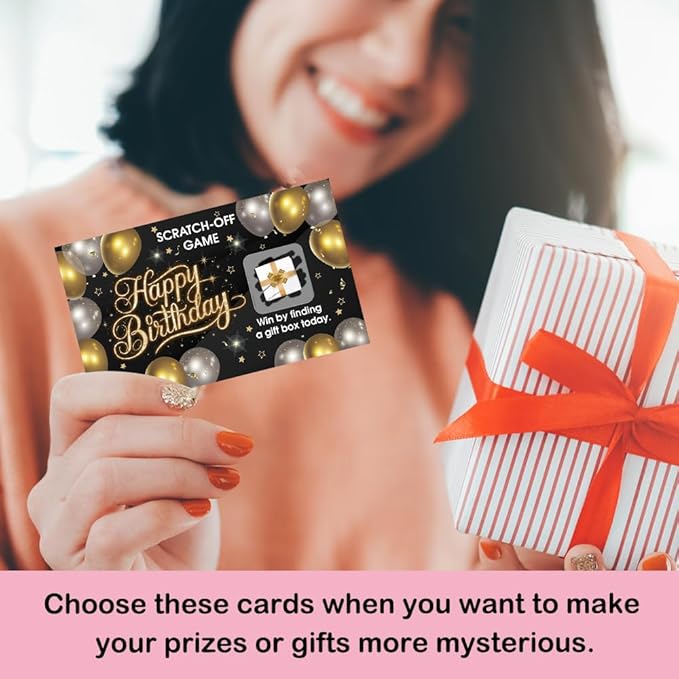 50 Pcs Happy Birthday Scratch off Game Cards, Black Golden Balloons Scratch Cards for Birthday Party, Lottery Group Games Activity, Raffle Tickets, Party Supplies