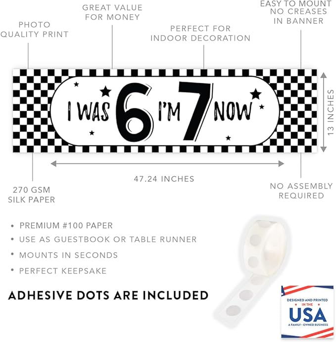 Andaz Press 13x48 Inch 6 7 Birthday Banner Decorations, I Was 6 Now I'm 7 Birthday Banner Black Checkered 67 Happy Birthday Party Banner for Boys or Girls, Home or Party Decor Backdrop Sign