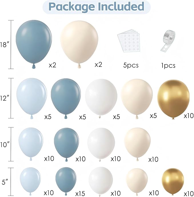 Dusty Blue White Gold Balloon Arch Kit, Blue and White Balloons with Light Dusty Blue White Beige Chrome Gold Balloons Garland Kit for Gender Reveal Bridal Shower Wedding Birthday Party Decorations