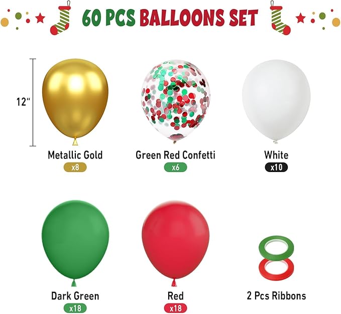 FunHot Christmas Balloons, 60 Pcs Red Green Gold Balloons, 12 Inch Red Green Confetti Balloons Metallic Gold Helium Balloons White Latex Balloons for Happy New Year Merry Christmas Party Decorations