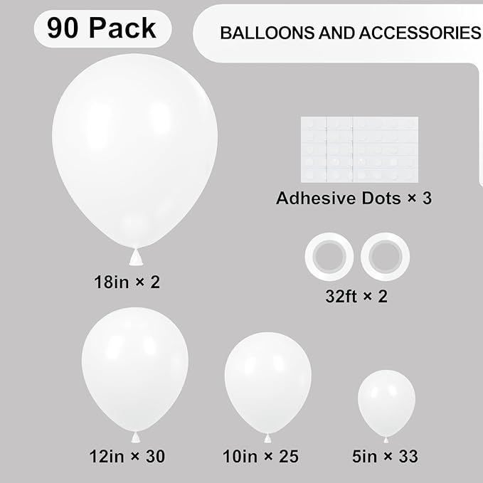 Voircoloria 90pack White Balloons Different Size 18/12/10/5 Inch Pearl White Balloon Garland Arch Kit for Wedding, Birthday, Graduation, Bridal Shower, Baby Shower, Bachelorette Decorations