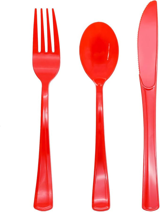 150 Pack Red Plastic Silverware, Red Plastic Utensils, Disposable Cutlery Heavy Duty, 50 Forks, 50 Spoons, 50 Knives for Birthday, Graduation Party, Flag Day, 4th of July