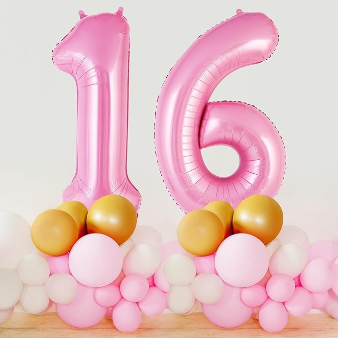 Pink Number 16 Balloon, 40 Inch Big Large Foil Helium Number Balloons, Giant Mylar Number 16 Balloons for 16 Years Old Birthday Party Decorations Supplies Anniversary