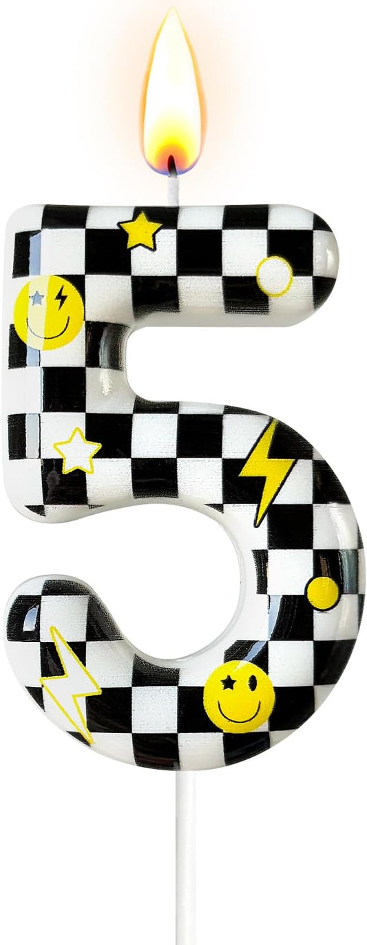 Number 5 Birthday Candle for Cake – Black White Checkered Smiley Design with Lightning & Star – Five Happy Dudes Theme Cake Topper for Birthday Party Decorations