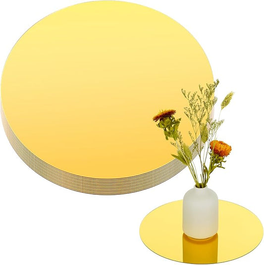 12 Pcs 10 Inch Acrylic Round Mirrors for Centerpieces Gold Circle Mirror Candle Plates Non Glass Candle Tray Mirror Plates for Wall Wedding Table Centerpieces Round Mirrors Tray for Baby Shower Party
