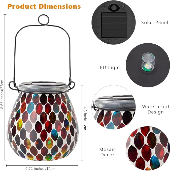 Starsoul Solar Lanterns Outdoor Waterproof, Exquisite Colorful Mosaic Glass Solar Garden Decor, Gifts for Women Mom Grandma