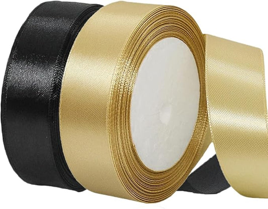 Gold Christmas Ribbon, Gold Black Satin Ribbon 1 Inch 50 Yards Fabric Ribbons for Christmas Party Decorations, Gift Wrapping, Tree Ornaments, Bouquets, Door Wreaths, Bows Making and DIY Crafts