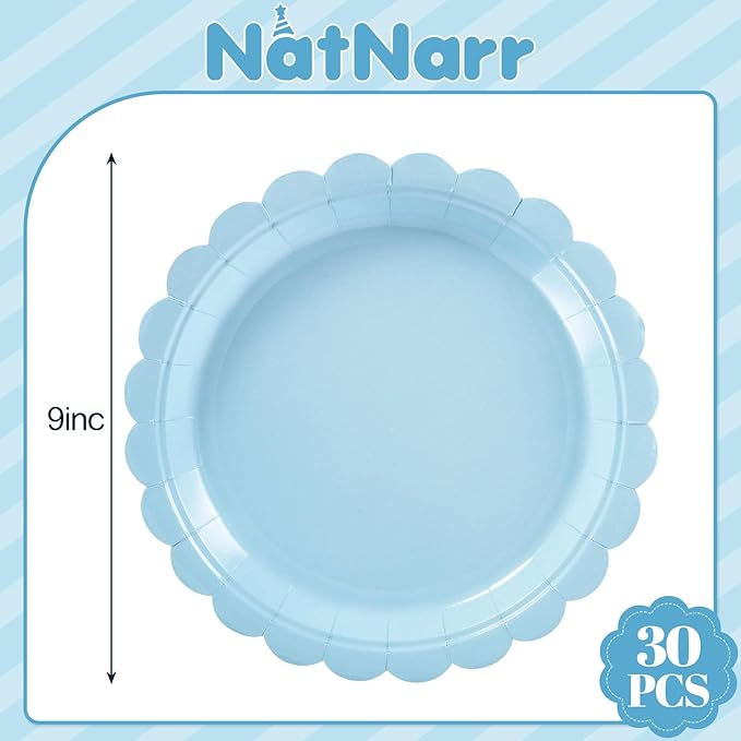 NatNarr 30 Pcs Light Blue Plates, 9 Inch Scalloped Graduation Plates Blue Dessert Party Plate Cute Paper Plate for kindergarten Graduation, Boy Baby Shower, Birthday