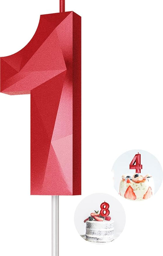 Number Birthday Candles(1 Candle Red) 3D Diamond Shape Number Happy Birthday Cake Candles for Birthday Party Wedding Decoration Reunions Theme Party