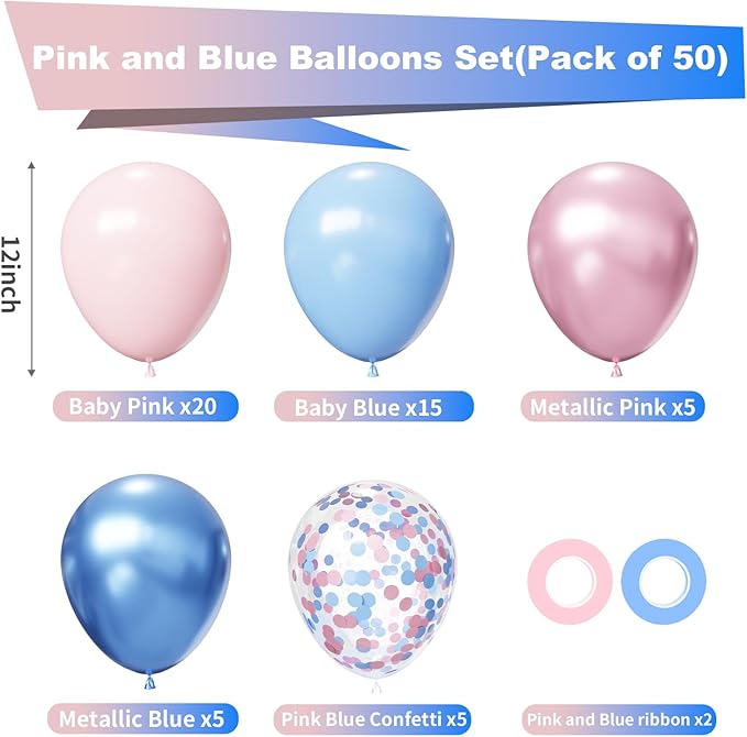 Pink and Blue Latex Balloons Set, 50Pcs 12 Inch Light Blue and Pink Balloons, Gender Reveal Balloons for Boy or Girl Gender Reveal Decorations Birthday Party Baby Shower