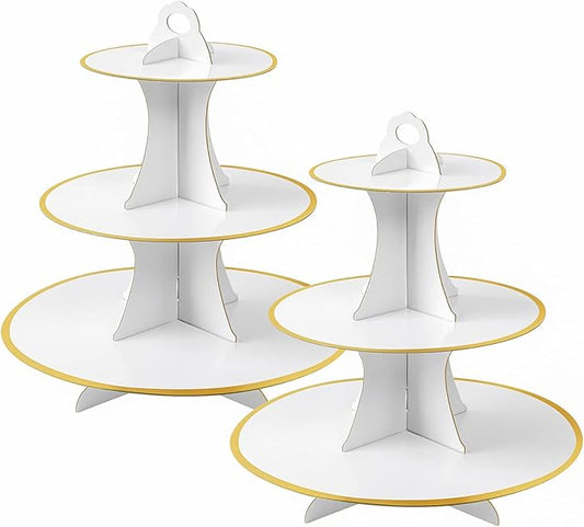 Soleebee 3-Tier Round Cupcake Stand, Cardboard Cupcake Tower, Dessert Cup Cake Stand Tower for Birthday Wedding Party Decoration, Cupcake Tier Stand 2 Set (White Gold)