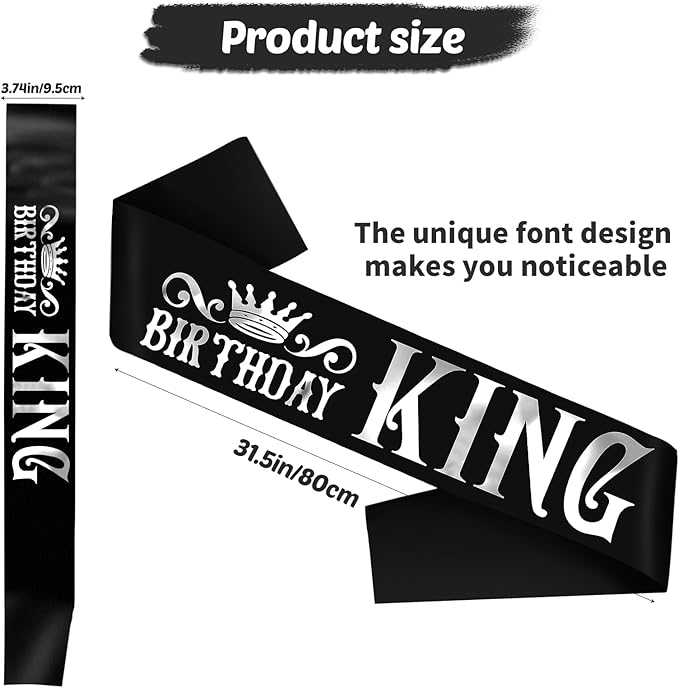 Birthday King Sash, Funny Black Satin Sash with Silver Foil Lettering Birthday Sashes for Boys or Men 10th 13th 16th 18th 21st 30th 40th 50th 60th or Any Birthday Party Supplies Gifts Favors.