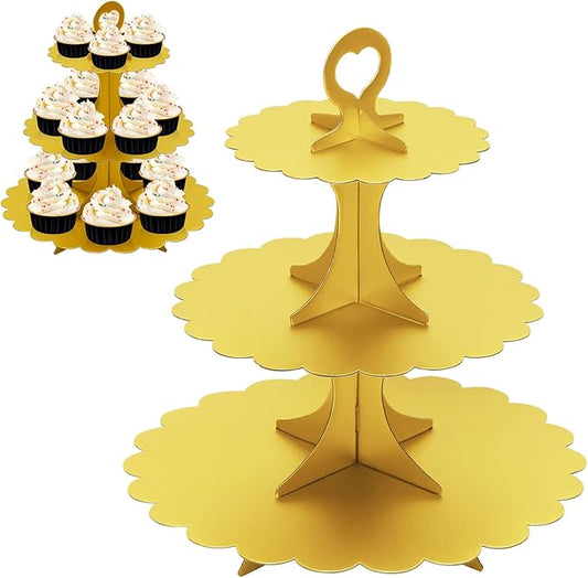 Matte Gold Cupcake Stand, 3-Tier Heart Handle Cardboard Dessert Display Tower, Perfect for Wedding Birthday Party Decorations (2-Pack)
