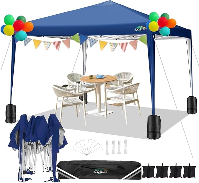 COBIZI 10x10 Pop Up Canopy Tent Without Sidewall, UPF 50+ Waterproof Outdoor Canopy, Instant Tent Portable Canopies Gazebo for Commercial Sun Shade Party Backyard with 4 Sandbags(Navy Blue)