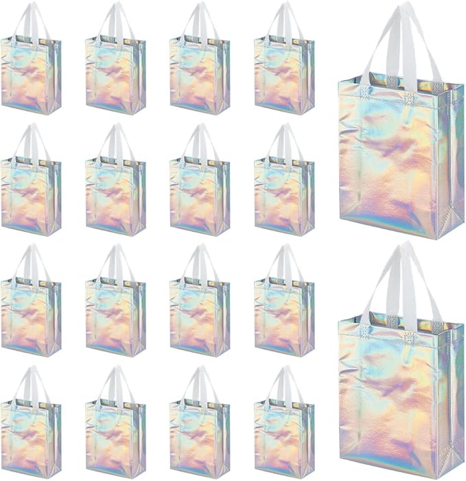 CUTHOLLOW 18 Pcs Iridescent Reusable Gift Bags with Handles for Party Favor, Bulk Non-woven Party Goodie Bags with Sturdy Base - Small Medium Christmas Birthday Wedding Gift Bags for Women