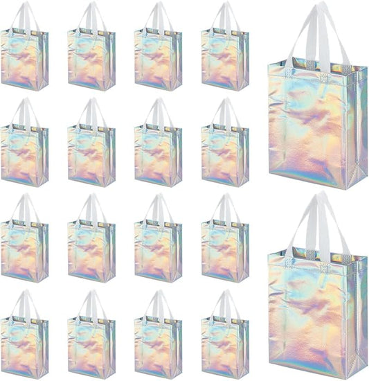 CUTHOLLOW 18 Pcs Iridescent Reusable Gift Bags with Handles for Party Favor, Bulk Non-woven Party Goodie Bags with Sturdy Base - Small Medium Christmas Birthday Wedding Gift Bags for Women