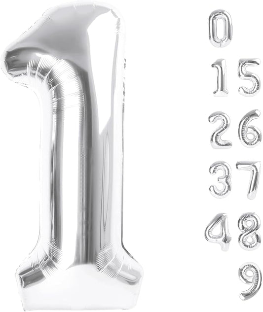 Number Balloons 1, 40 Inch One Balloons for 1st Birthday Girl Boy 1 11 21 Party Decorations Baby Shower Photo Shoot, Silver 1 Balloon