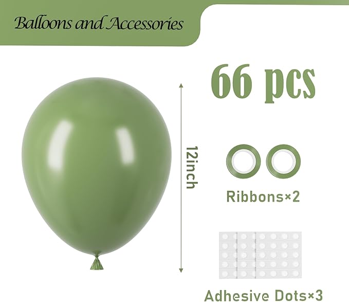 Voircoloria Sage Green Balloons, 66pack 12inch Olive Green Latex Party Balloons for Baby Shower, Graduation, Wedding, Birthday, Bridal Shower, Anniversary Party Decorations