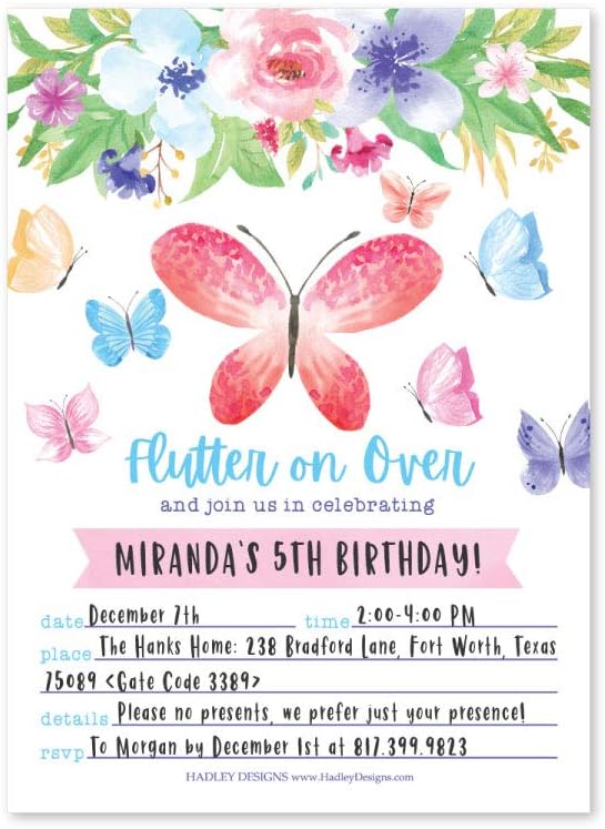 Hadley Designs Kids Birthday Invitations Girl Butterfly Theme - 25 Butterfly Birthday Party Invitations For Girls, Flutter on Over Invites For Girls, Cute Party Supplies, Made in USA