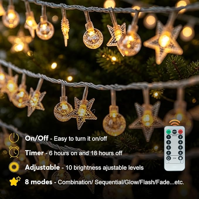 50 Stars & 50 Globes String Lights for Wedding, Party, Holiday Decor - 100 LED, 49.2ft, Remote Control, 8 Modes, IP44 Waterproof, Linkable Plug in Lights for Indoor Outdoor, Backyard, Celebration