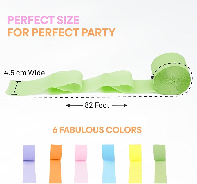 6 Pastel Streamers, 492 ft Pack of Pastel Birthday Decorations, Rainbow Party Decorations, Backdrop Party Supplies for Wedding Decor (1.8 inch x 82 ft/Roll)