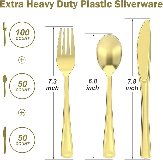 Dealusy 200 Count Heavy Duty Gold Plastic Silverware, 100 Forks, 50 Spoons, 50 Knives, BPA-Free, Heat Resistant, Disposable Plastic Utensils Set Cutlery Set, Plasticware Bulk