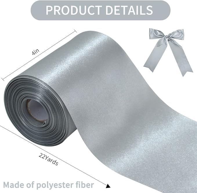 TONIFUL 4 Inch Wide Silver Solid Satin Ribbon 22yd Fabric Large Ribbon for Cutting Ceremony Grand Opening Chair Sashes Table Hair Bows Floral Sewing Craft Gift Wrapping Wedding Party Decoration