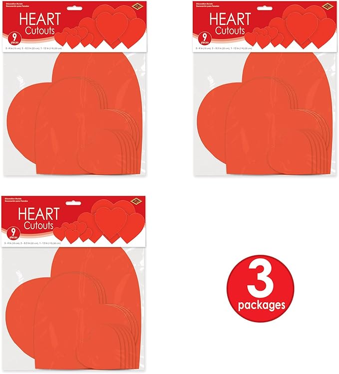 Beistle Printed Heart Cutouts – 27 Pack Red Heart Cardstock Decorations in 3 Sizes for Valentine’s Day Displays, Wedding Celebrations, Romantic Events, Wall and Window Décor, 4”, 8.5”, 12”