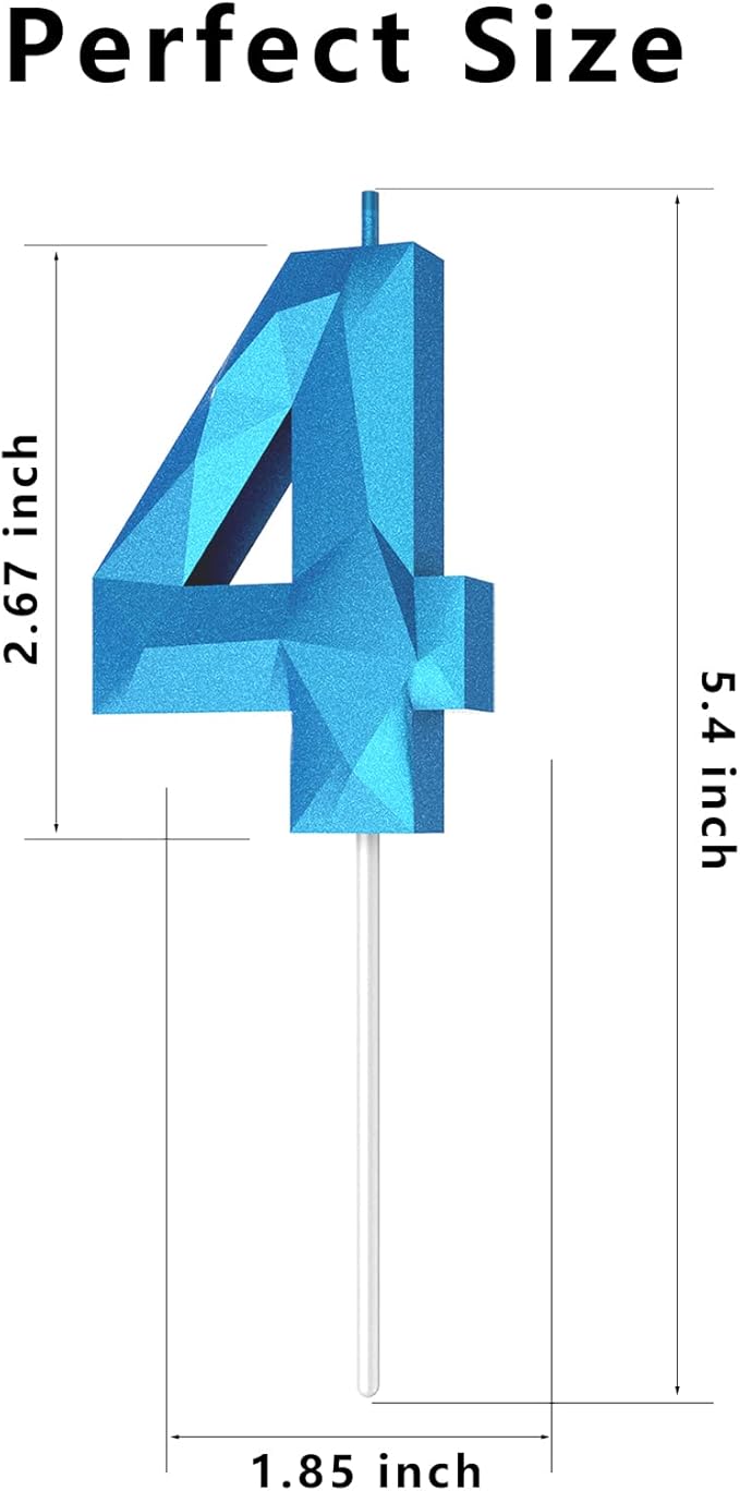 Number Birthday Candles(4 Candle Blue) 3D Diamond Shape Number Happy Birthday Cake Candles for Birthday Party Wedding Decoration Reunions Theme Party
