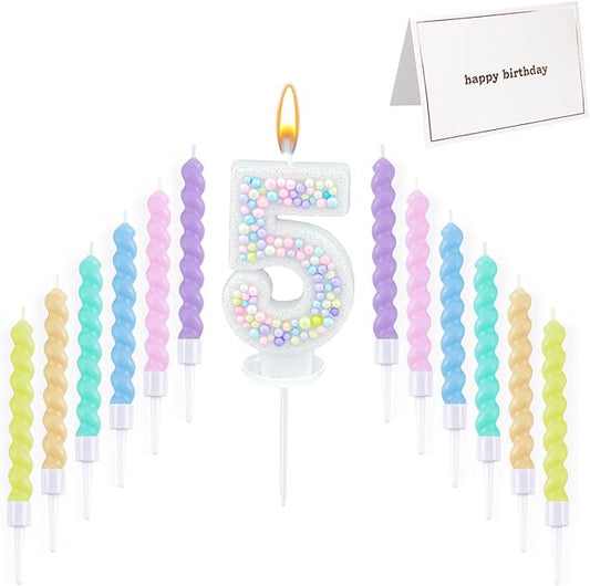 Number Birthday Candle with 12PCS Spiral Candles and A Birthday Card - Perfect for Celebrating Birthdays (Macaron Glitter, Number 5)
