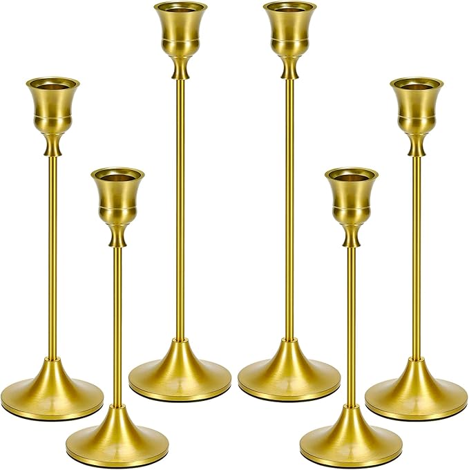 Metal Brass Gold Taper Candlestick Holders Set of 6, Wine‑Glass Shaped Candle Stick Holder with 3 Assorted Heights, Elegant Table Centerpiece Decor for Wedding Christmas Fireplace