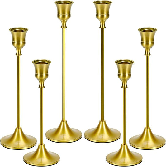 Metal Brass Gold Taper Candlestick Holders Set of 6, Wine‑Glass Shaped Candle Stick Holder with 3 Assorted Heights, Elegant Table Centerpiece Decor for Wedding Christmas Fireplace